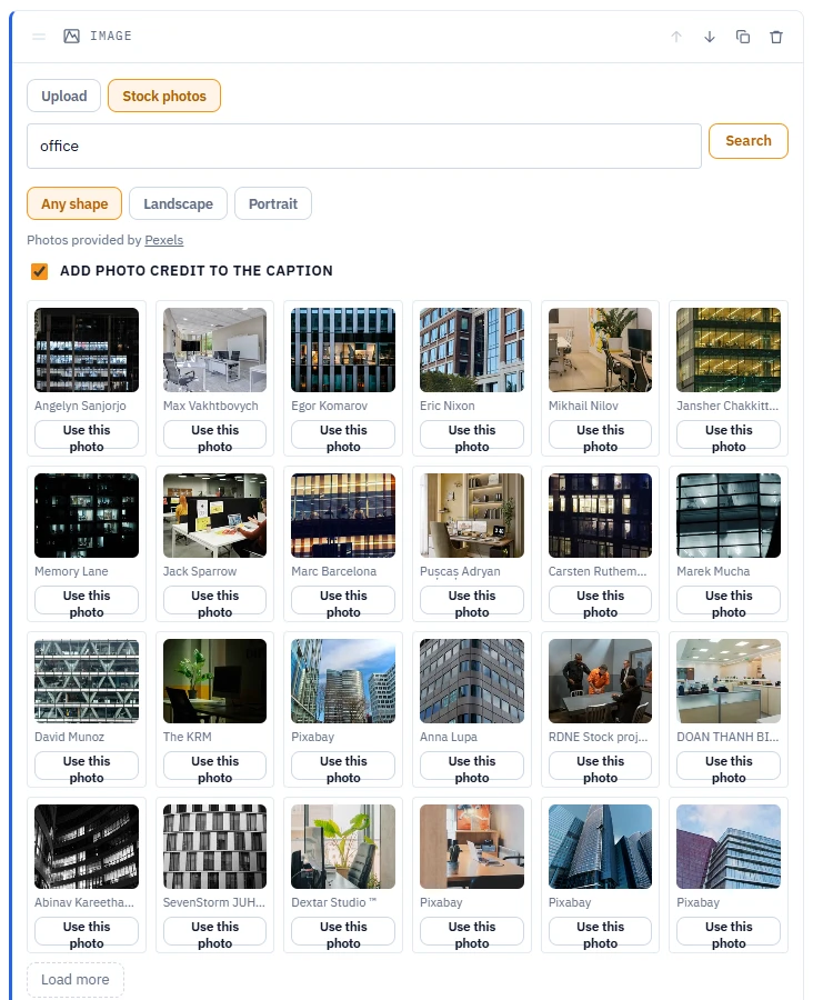 Image block with the Stock photos tab selected, the search box with the word office, the Any shape, Landscape and Portrait filters, the Add photo credit to the caption checkbox and a grid of photo results