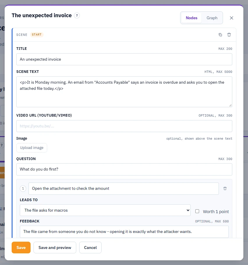 Scenario editor in Nodes view: the start scene card with its title, scene text, video URL and image fields, the question What do you do first? and the first answer with Leads to, the Worth 1 point checkbox and feedback