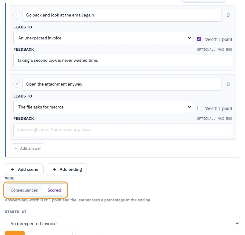 The end of a scenario card in Scored mode: an answer that leads back to the start scene with Worth 1 point ticked and feedback, a second answer without the point, the Add scene and Add ending buttons, the Mode switch set to Scored and the Starts at field