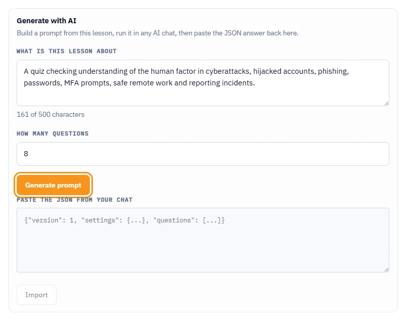 Generate with AI panel in the quiz editor: What is this lesson about filled in with a character counter, How many questions set to 8, the Generate prompt button highlighted, an empty Paste the JSON from your chat box and a greyed-out Import button