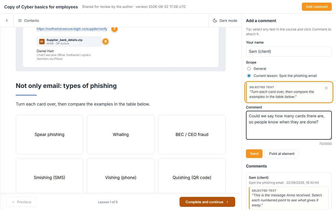 Review page of a shared course with the comment panel open: Your name filled in, Scope set to Current lesson: Spot the phishing email, the selected text Turn each card over, then compare the examples in the table below attached above the comment box and highlighted, a written comment and the Send button