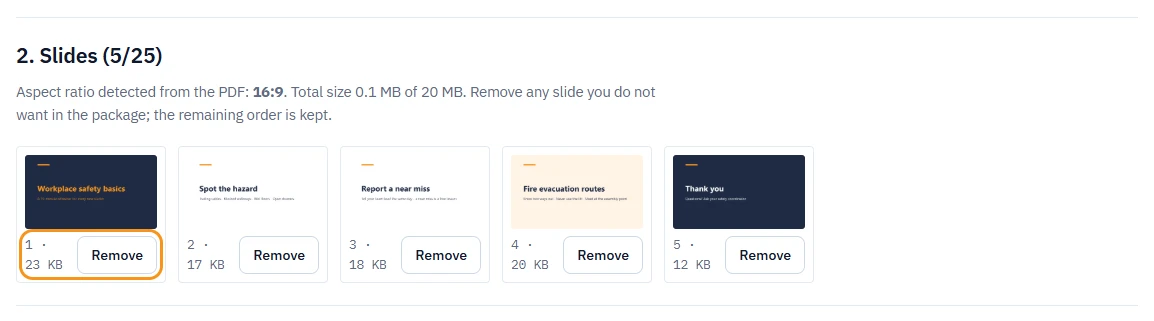 2. Slides (5/25) step: aspect ratio 16:9 detected from the PDF, the total size, and five slide thumbnails, each with its number, size in KB and a Remove button, the first one highlighted