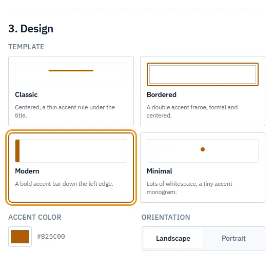 3. Design section: four template swatches - Classic, Bordered, Modern and Minimal - with Modern selected and highlighted, plus the Accent color and the Landscape or Portrait orientation switch
