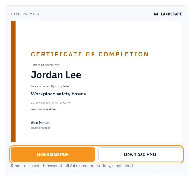 Live preview of an A4 landscape Certificate of Completion in the Modern template for Jordan Lee, Workplace safety basics, 22 September 2026, 2 hours, Northwind Training, signed by Alex Morgan, Training Manager, with the Download PDF and Download PNG buttons highlighted