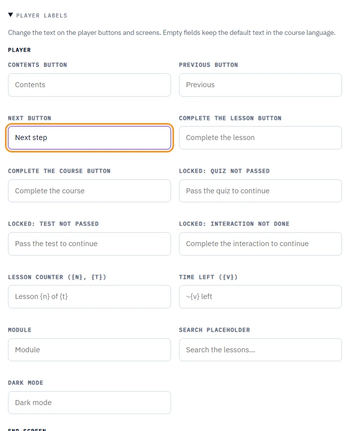 The Player labels section open on the Settings step, with the Player group fields and the Next button field filled in as Next step