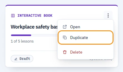 Course card Workplace safety basics on My courses with its actions menu open: Open, Duplicate (highlighted) and Delete