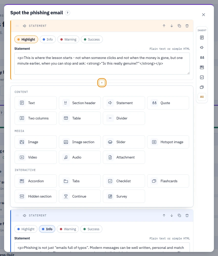 Block editor for the lesson Spot the phishing email: a Statement block, the highlighted + control below it with the block palette open in three groups - Content, Media and Interactive - and the Insert bar on the right with frequent blocks and All