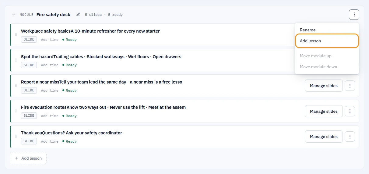 Lessons step of a Presentation course: a module header with 5 slides · 5 ready, slide rows with a fixed Slide label, Add time and a Ready status, and the open module menu with Add lesson highlighted
