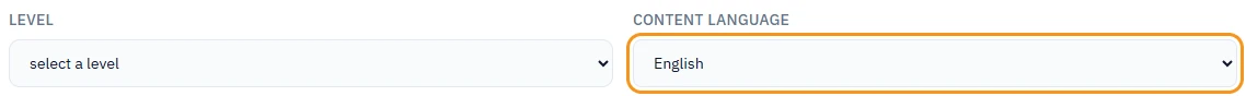 The Content language drop-down in the AI H5P Generator brief, set to English, next to the Level field