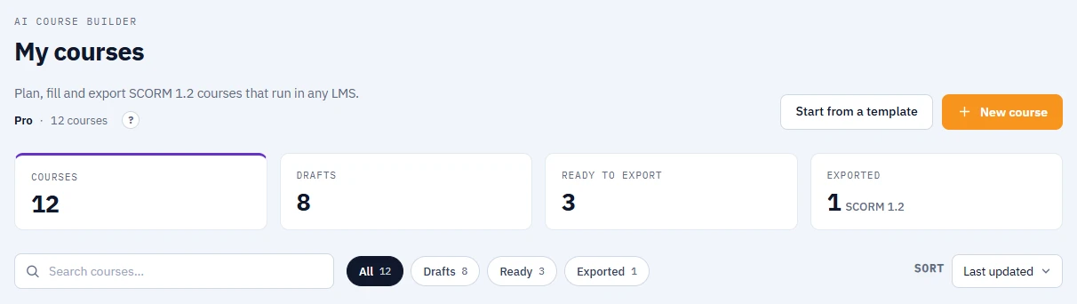 My courses page with the plan label and course count, the summary row Courses, Drafts, Ready to export and Exported, and the toolbar with Search courses, the status filters and Sort