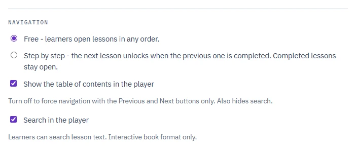 The Navigation group on the Settings step with the Free and Step by step options, the table of contents checkbox and the search checkbox