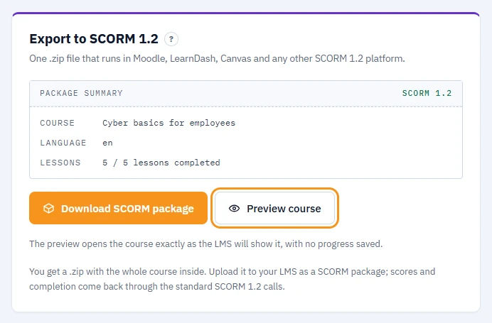 Export to SCORM 1.2 panel with the package summary for Cyber basics for employees, the Download SCORM package button and the Preview course button highlighted