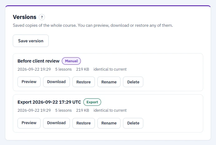 Versions panel with the Save version button and two versions - Before client review labelled Manual and an Export version - each with its date, 5 lessons, 219 KB, identical to current, and the Preview, Download, Restore, Rename and Delete buttons