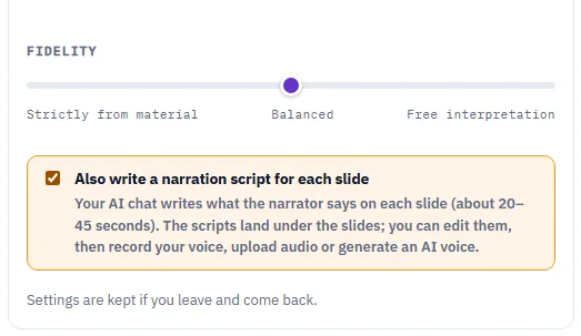 Karta From my AI chat w panelu dodawania slajdów z zaznaczonym polem Also write a narration script for each slide pod suwakiem Fidelity
